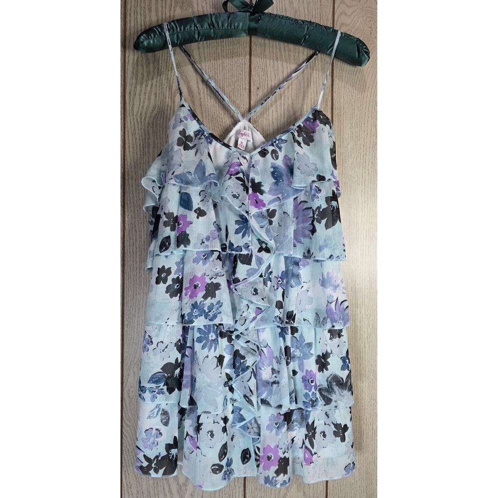 Candies Womens XL Blue Floral Tiered Ruffle Cami Top Adjustable Straps Chiffon